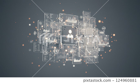 Abstract representation of floating holographic UI and AI agents, near-future concept image 124960881