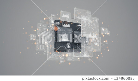 Abstract representation of floating holographic UI and AI agents, near-future concept image Abstract representation of floating holographic UI and AI agents, near-future concept image 124960883