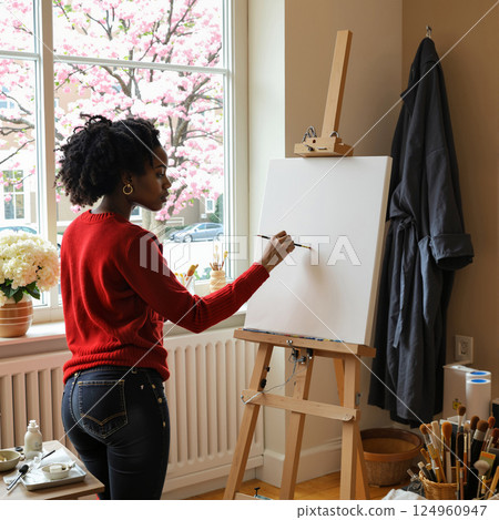 A girl at the window with an easel. 124960947