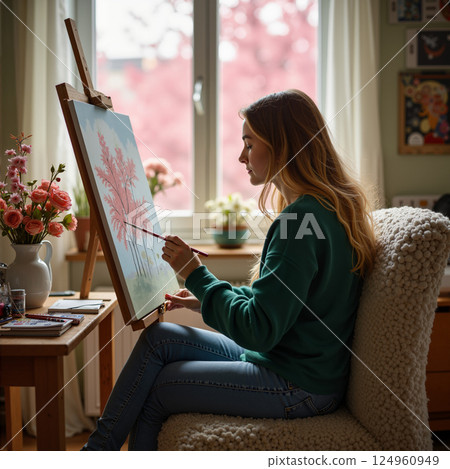 Girl at the window behind the canvas. Girl at the window behind the canvas. 124960949