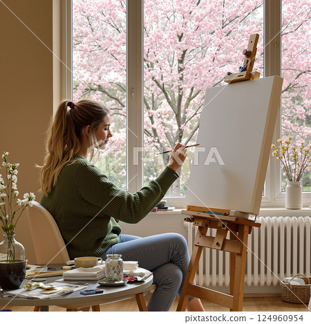 A girl artist at an easel. 124960954