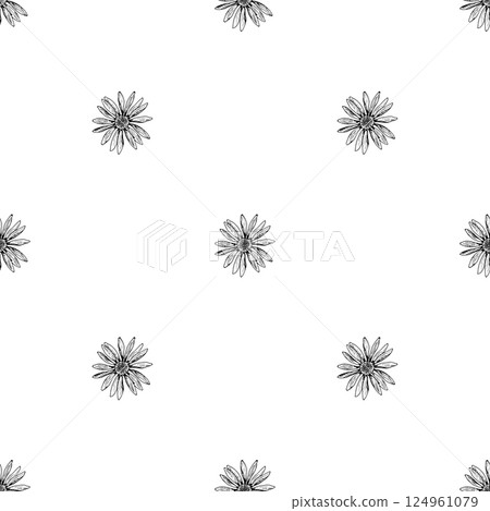 Minimal seamless pattern with hand drawn wildflowers. Features single daisy-like blooms that resemble echinacea, chamomile, rudbeckia or calendula. Perfect for subtle botanical designs and eco prints. Minimal seamless pattern with hand drawn wildflowers. Features single daisy-like blooms that resemble echinacea, chamomile, rudbeckia or calendula. Perfect for subtle botanical designs and eco prints. 124961079