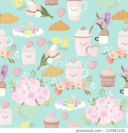 Seamless Pattern of various floral trendy tea cups or mugs, sweets and flowers Seamless Pattern of various floral trendy tea cups or mugs, sweets and flowers 124961108