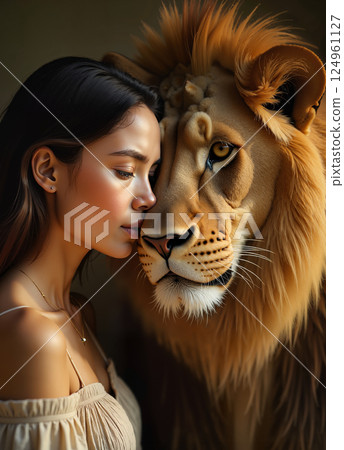 Girl in profile with a lion. 124961127