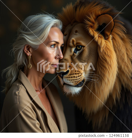 A grey-haired beauty with a lion. 124961138