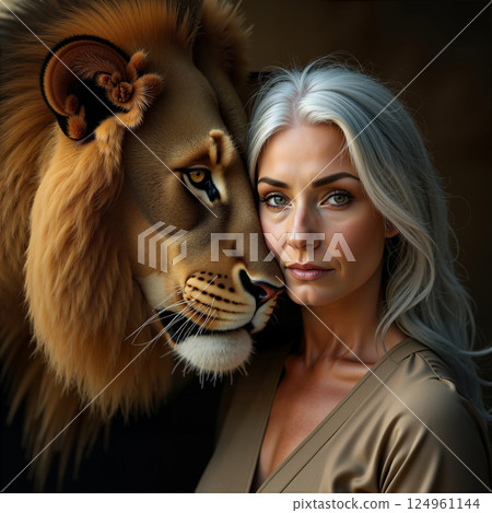 A grey-haired beauty with a lion. 124961144