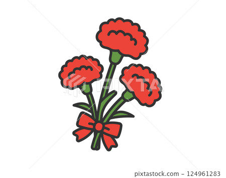 母親節插圖：一束繫著緞帶的紅色康乃馨（線條畫，彩色） 124961283