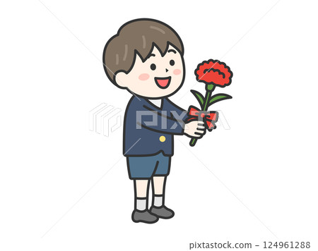小學男孩在母親節贈送康乃馨作為禮物的插圖（線畫，彩色） 124961288