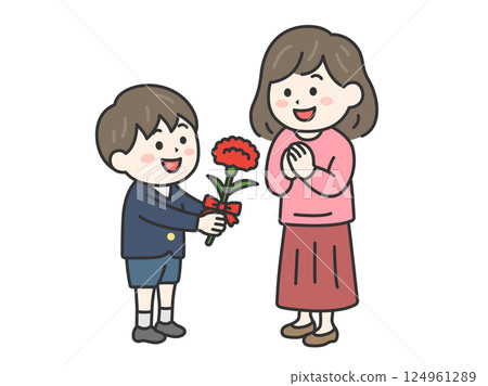 母親節那天，小學生送給媽媽康乃馨的插圖（線畫，彩色） 124961289