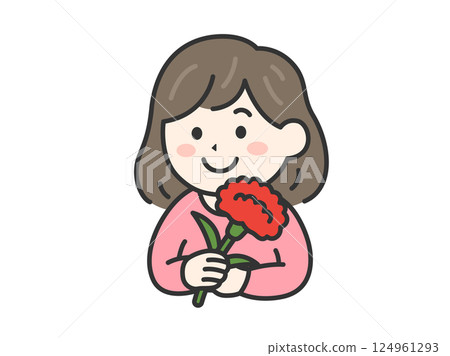 Illustration of a woman (line drawing, color) receiving a carnation as a gift on Mother's Day 124961293
