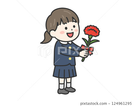 Illustration of an elementary school girl giving a carnation as a Mother's Day gift (line drawing, color) 124961295