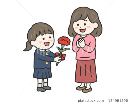 Illustration of an elementary school girl giving a carnation to her mother on Mother's Day (line drawing, color) 124961296