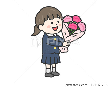 Illustration of an elementary school girl (line drawing, color) giving a bouquet of carnations on Mother's Day Illustration of an elementary school girl (line drawing, color) giving a bouquet of carnations on Mother's Day 124961298