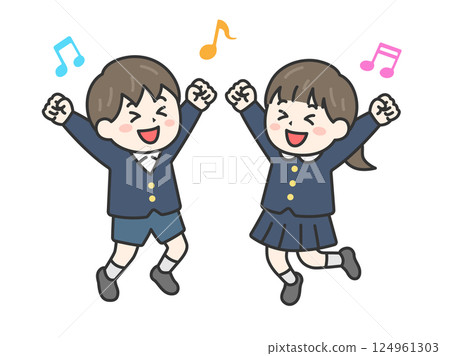 小學男孩和女孩高興地跳起來的插圖（線條畫顏色） 124961303