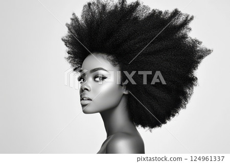 Studio portrait of a young Black woman with natural afro hairstyle and confident expression 124961337