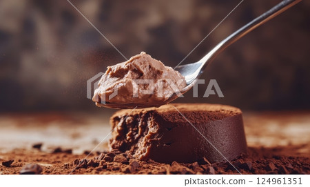 Creamy mousse and glossy chocolate captured mid-scoop, with falling cocoa and editorial food styling 124961351