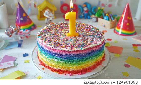 A rainbow-layered birthday cake for kids with sprinkles and number candle, surrounded by confetti, toys, and paper hats in festive setup. 124961368
