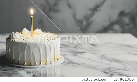 A modern minimalist birthday cake in white icing with subtle gold accents and a single candle, close-up on a marble surface, shallow depth of field, elegant and clean composition, photorealistic 124961399