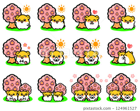 Set of illustrations of hamsters enjoying cherry blossom viewing under a cherry tree 2 124961527