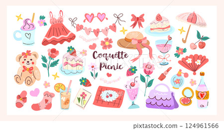 Coquette Picnic flat vector set of cute girly summer items: teddy bear, desserts, makeup, dress, accessories, romantic picnic, pink aesthetic. 124961566