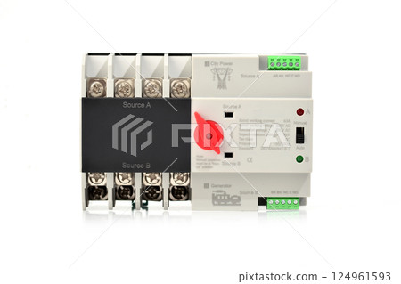Automatic transfer switch (ATS) for power supply systems, isolated on white background, showing electrical terminals and control panel 124961593