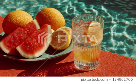 Top view of tropical fruits and glass of chilled water laid out on colorful table near swimming pool 124961700
