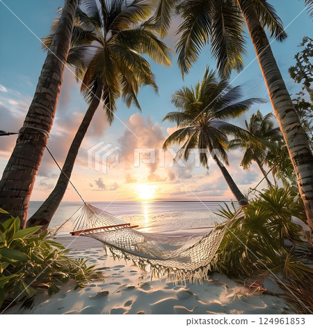 Sunset Serenity: Hammock Between Palm Trees on a Tropical Beach 124961853