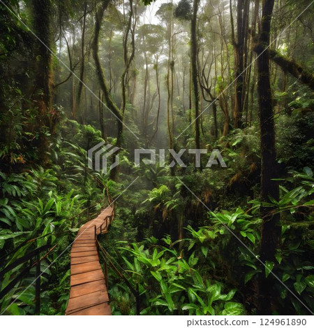 Misty Journeys: Exploring the Wooden Path in Thailand's Lush National Park 124961890