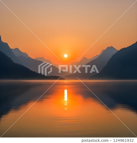 Reflections of Dusk: A Peaceful Lake at Sunset 124961932
