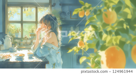 A woman lost in thought while drinking coffee. Illustration. Watercolor. Banner material. Illustration material. Re-se material 124961944