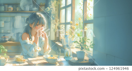A woman lost in thought while drinking coffee. Illustration. Watercolor. Banner material. Illustration material. Re-se material 124961946