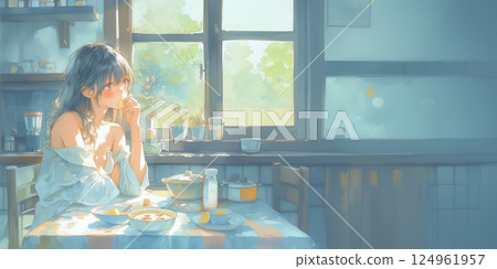 一位沉思的女人喝咖啡。插圖。水彩畫。橫幅材料。插圖素材。參考材料 124961957