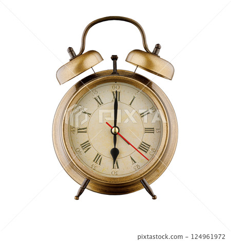 alarm clock, vintage clock with time 6 hours 00 minutes, a.m. 6:00, p.m. 6:00, on isolated white background 124961972