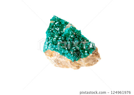 Dioptase silicate copper mineral stone on a white background 124961976