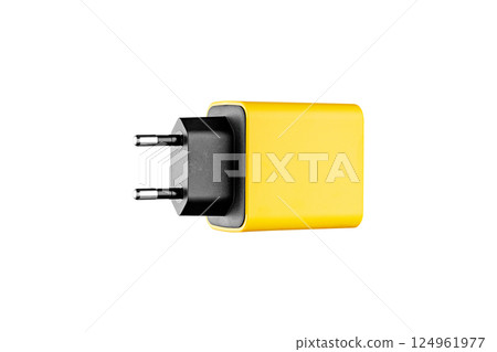 adapter for charger with USB and Type C connector, yellow, on isolated or white background adapter for charger with USB and Type C connector, yellow, on isolated or white background 124961977