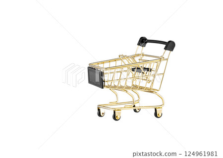 shopping trolley side view gold, yellow and black color cart on isolated white background shopping trolley side view gold, yellow and black color cart on isolated white background 124961981