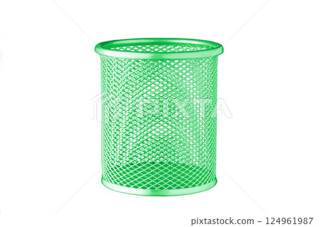 metallic Glass of green color for stationery, pencils, pens, scissors, ruler, on an isolated white background 124961987