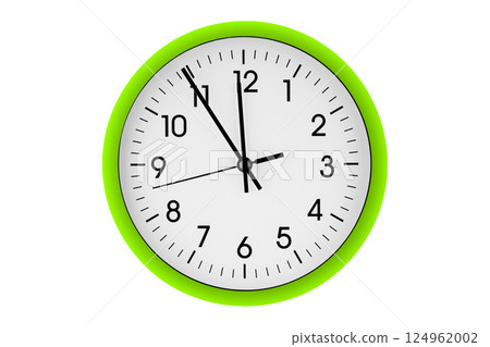 Green watch, wall clock 11 hours 45 minutes on isolated or white background 124962002