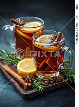 Warm herbal drink with lemon and spices served on a wooden tray Warm herbal drink with lemon and spices served on a wooden tray 124962081