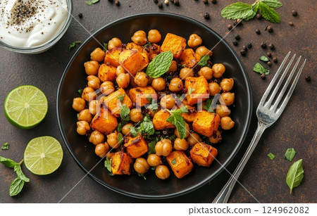 Healthy chickpea and roasted squash salad with fresh herbs and lime Healthy chickpea and roasted squash salad with fresh herbs and lime 124962082