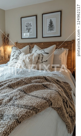 Cozy and inviting bedroom featuring warm decor and textured bedding 124962117