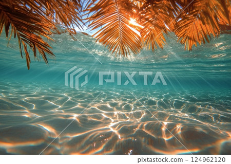 Vibrant underwater view with sunlight filtering through tropical leaves in clear blue water 124962120