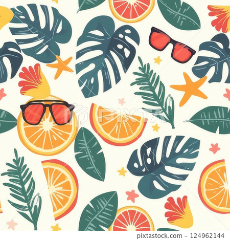A pattern with oranges, leaves, and sunglasses on white. AI-generated content. 124962144