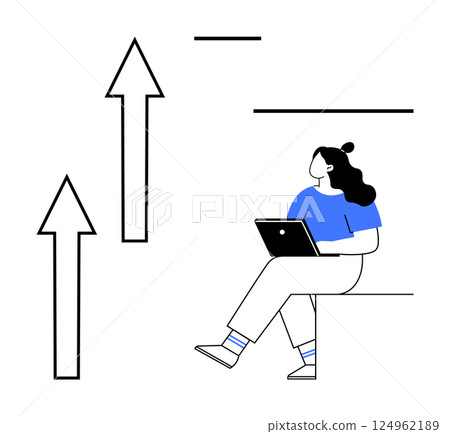 Woman sitting with laptop, surrounded by upward arrows suggesting progress and development. Ideal for business growth, career advancement, education, productivity, self-improvement, technology Woman sitting with laptop, surrounded by upward arrows suggesting progress and development. Ideal for business growth, career advancement, education, productivity, self-improvement, technology 124962189