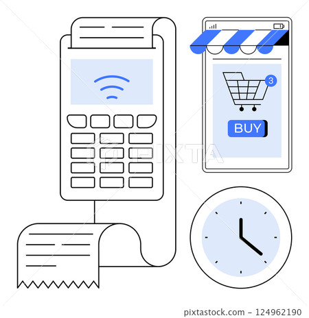 A payment terminal, a mobile phone displaying an online shopping cart, a receipt, and a clock are shown. Ideal for online shopping, digital transactions, payment solutions, retail technology 124962190