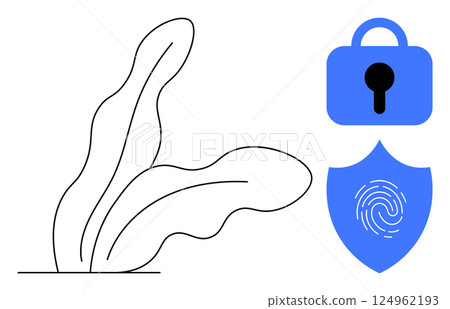 Lock, shield with fingerprint, and abstract plant. Ideal for security themes, technology, nature, privacy, and digital protection. Clean lines, minimal aesthetic. Vector art in blue and black tones Lock, shield with fingerprint, and abstract plant. Ideal for security themes, technology, nature, privacy, and digital protection. Clean lines, minimal aesthetic. Vector art in blue and black tones 124962193