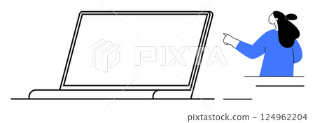 Woman gesturing towards a laptop screen suggesting presentation or online learning. Ideal for virtual learning, remote work, online presentations, digital communication, and technology education 124962204