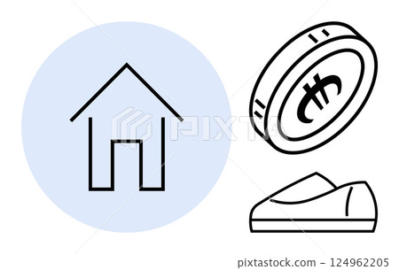 Home icon within a blue circle, a dollar coin, and computer mouse showcasing real estate, financial management, and digital connectivity. Ideal for real estate, finance, technology, e-commerce 124962205