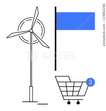 Wind turbine, blue semaphore flag, shopping cart with notification icon. Ideal for renewable energy, ecology, sustainability, e-commerce, technology, communication, environmental awareness. Line 124962206