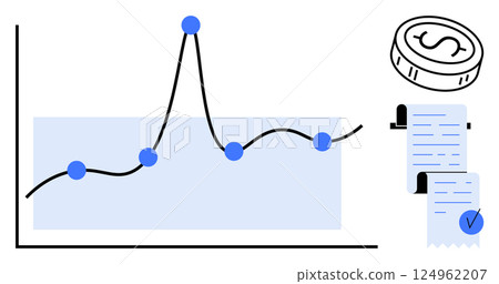 A chart showing financial growth with a line graph and coin symbol, accompanied by a receipt. Ideal for finance management, business analysis, market trends, economic studies, and budgeting 124962207